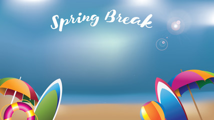 Spring break umbrellas, surfboards and inner tube widescreen background. EPS 10 vector illustration.