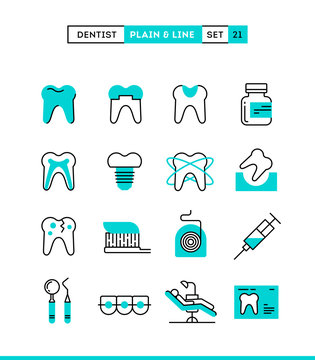 Dentist, dental care, healthy teeth, protection and more. Plain and line icons set, flat design, vector illustration
