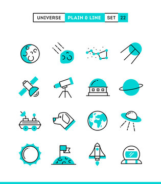 Universe, celestial bodies, rocket launching, astronomy and more. Plain and line icons set, flat design, vector illustration
