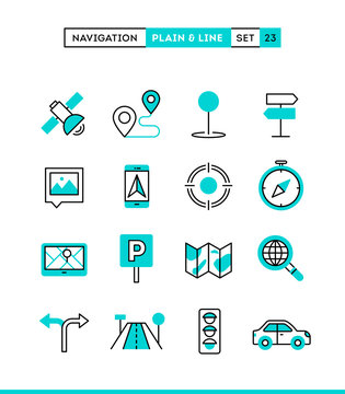 Navigation, direction, maps, traffic and more. Plain and line icons set, flat design, vector illustration