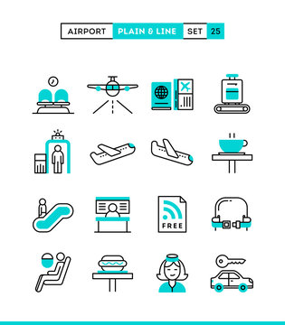 Airport, luggage scanning, flight, rent a car and more. Plain and line icons set, flat design, vector illustration