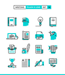 Writing, blogging, bestseller book, storytelling and more. Plain and line icons set, flat design, vector illustration