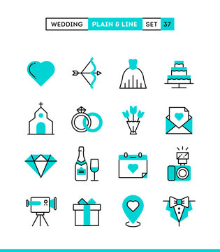 Wedding, bridal dress, event invitation, celebration party and more. Plain and line icons set, flat design, vector illustration