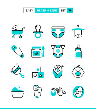 Baby, pregnancy, birth, toys and more. Plain and line icons set, flat design, vector illustration