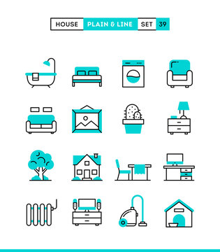 Home, interior, furniture and more. Plain and line icons set, flat design, vector illustration