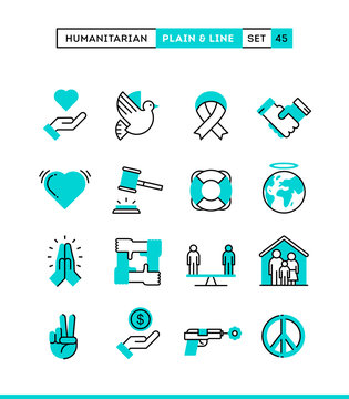 Humanitarian, peace, justice, human rights and more. Plain and line icons set, flat design, vector illustration
