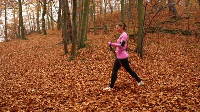 Woman doing nordic walking in forest steadicam 4K.