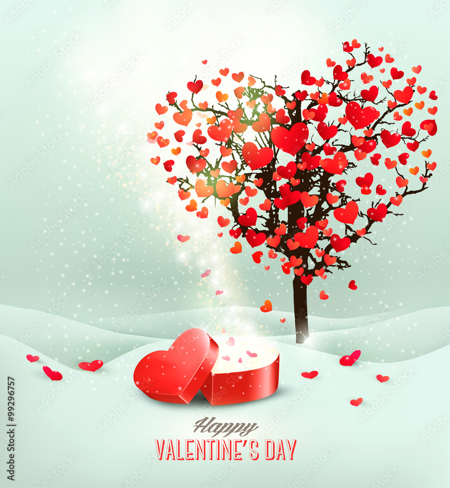 Poster valentine`s day background with an open red gift box. vector.