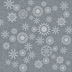Christmas pattern. Winter theme retro texture. Snowflake silhouettes on gray background. Vector illustration.