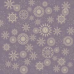 Christmas pattern. Winter theme retro texture. Snowflake silhouettes on lilac background. Vector illustration.