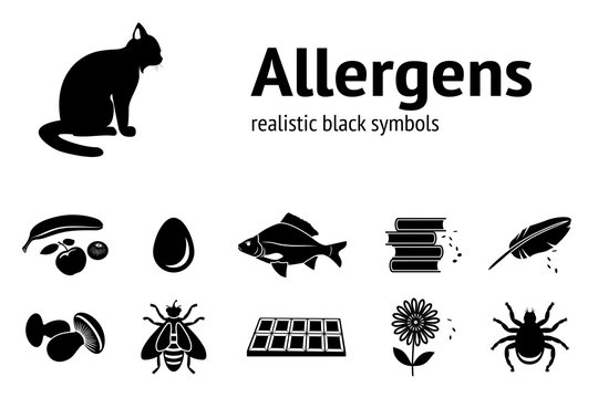 Allergen Set. Fish, Cat, Insect, Chocolate, Mushroom, Dust, Bee, Apple, Banana, Mandarin, Hackle, Edd Icons. Food And Common Allergen Black Symbols. Vector Isolated