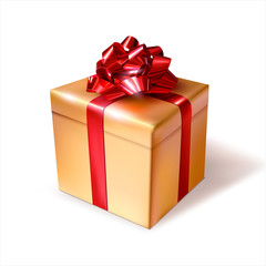 Golden gift box with red bow. Vector illustration.