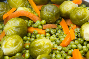 Steamed vegetables viewed from above and close
