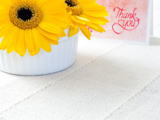 Yellow chrysanthemum flowers with thank you note