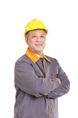 isolated portrait engineer with yellow hardhat