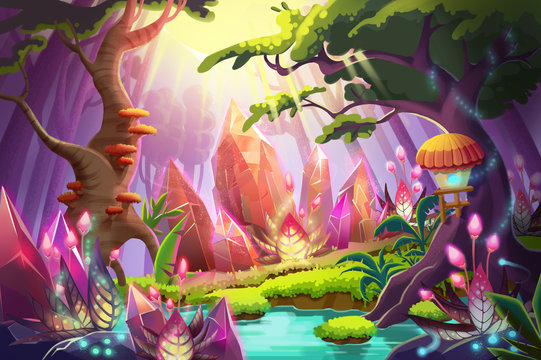 Illustration: The Mysterious Forest with Huge Diamonds Clusters. Realistic Fantastic Cartoon Style Artwork Scene, Wallpaper, Story Background, Card Design