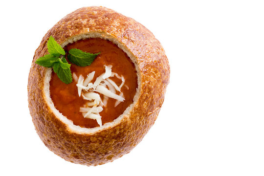 Isolated Tomato Soup In A Sourdough Bread Bowl