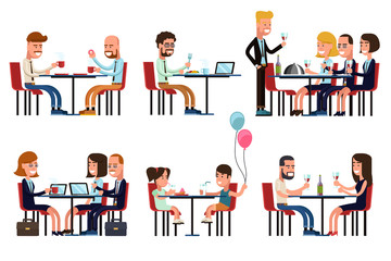 People eating and talking in restaurant or coffee shop. Flat style vector icons set