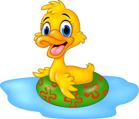 Cute duck floating with inflatable ring