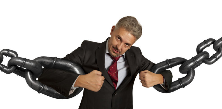 Businessman with huge chain isolated