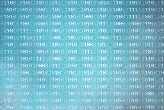 Grunge textured binary numbers code information on abstract grunge blurred cyan blue color background. Background with binary data and grunge cyan blue colored illustration background.