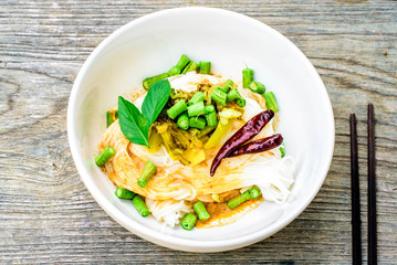 Thai rice vermicelli served with curry, copy space