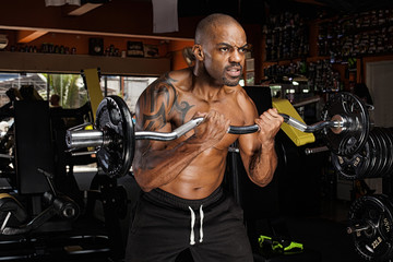 Young adult bodybuilder doing weight lifting in gym.