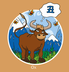 The cartoon design of chinese sign of horoscope isolated on the circle on the color background