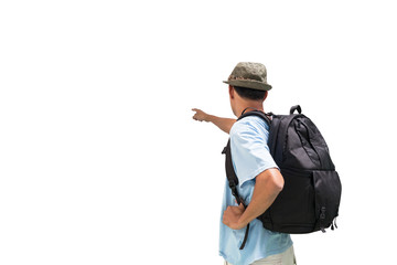 Back view of pointing young men with backpack,pointing with fing