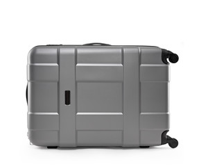 grey suitcase plastic. lying on its side