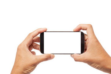 Hand male asian holding Smartphone with blank screen on white ba