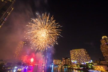 Firework at Chao Phraya River in countdown celebration party 2016 Bangkok Thailand