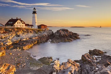 Foto op Plexiglas Vuurtoren Portland Head Lighthouse, Maine, VS bij zonsopgang