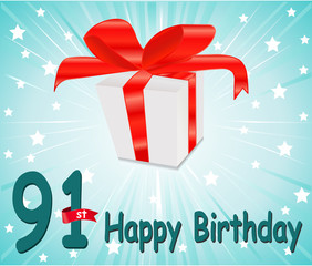91 year Happy Birthday Card with gift and colorful background in vector EPS10