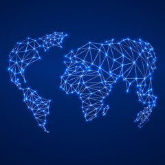 Abstract polygonal world map with glowing dots and lines, network connections. Vector illustration. Eps 10