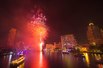 Firework with smoke at Chao Phraya River in countdown celebration party 2016 Bangkok Thailand