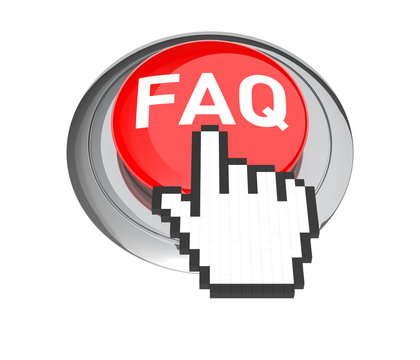 Mouse Hand Cursor on Red FAQ Button. 3D Illustration.