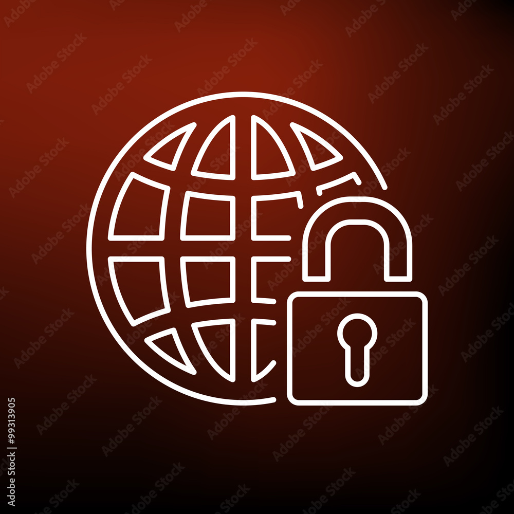 Wall mural secure internet icon. globe with padlock sign. secure globe symbol. thin line icon on red background