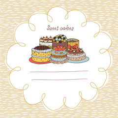 33_Card with Cakes on a Background With Hand-Drawn Elements