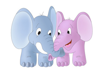 Two elephants with twisted trunks