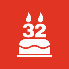 The birthday cake with candles in the form of number 32 icon. Birthday symbol. Flat