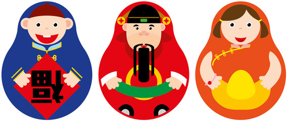 Chinese luck Russian doll set, middle is God of Wealth in Chinese