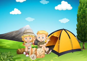 Obraz na płótnie Canvas Boy and girl camping in the park