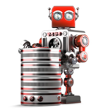 Retro Robot with database. Technology concept. Isolated. Contains clipping path
