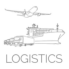 Logistics sign with plane, trucks and container ship vector illustration