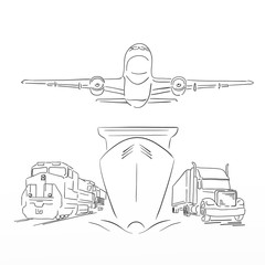 Logistics sign with plane, truck, container ship and train vector illustration