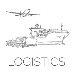Logistics sign with plane, trucks and container ship vector illustration