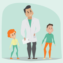 Doctor and children. Family healthcare concept. Cartoon vector illustration