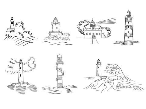 Sketchy hand drawn lighthouses vector set