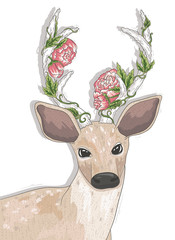 Plakaty  Cute hipster deer with flowers on his horns.